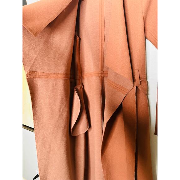 JUSTFAB Camel Brown Knit Side Pockets Tie Waist Drape Coat Size Small - Picture 12 of 16